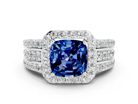 White gold Cushion Cut Halo Blue Sapphire Ring with Split Shank and Four-Prong Setting