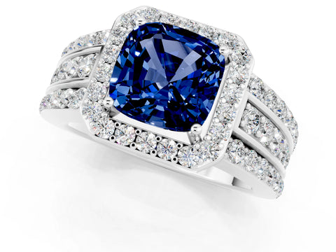 White gold Cushion Cut Halo Blue Sapphire Ring with Split Shank and Four-Prong Setting_1