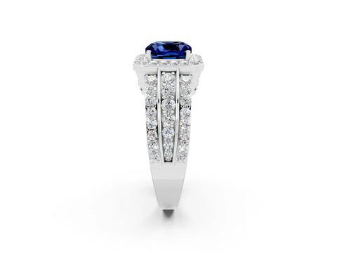 White gold Cushion Cut Halo Blue Sapphire Ring with Split Shank and Four-Prong Setting_2
