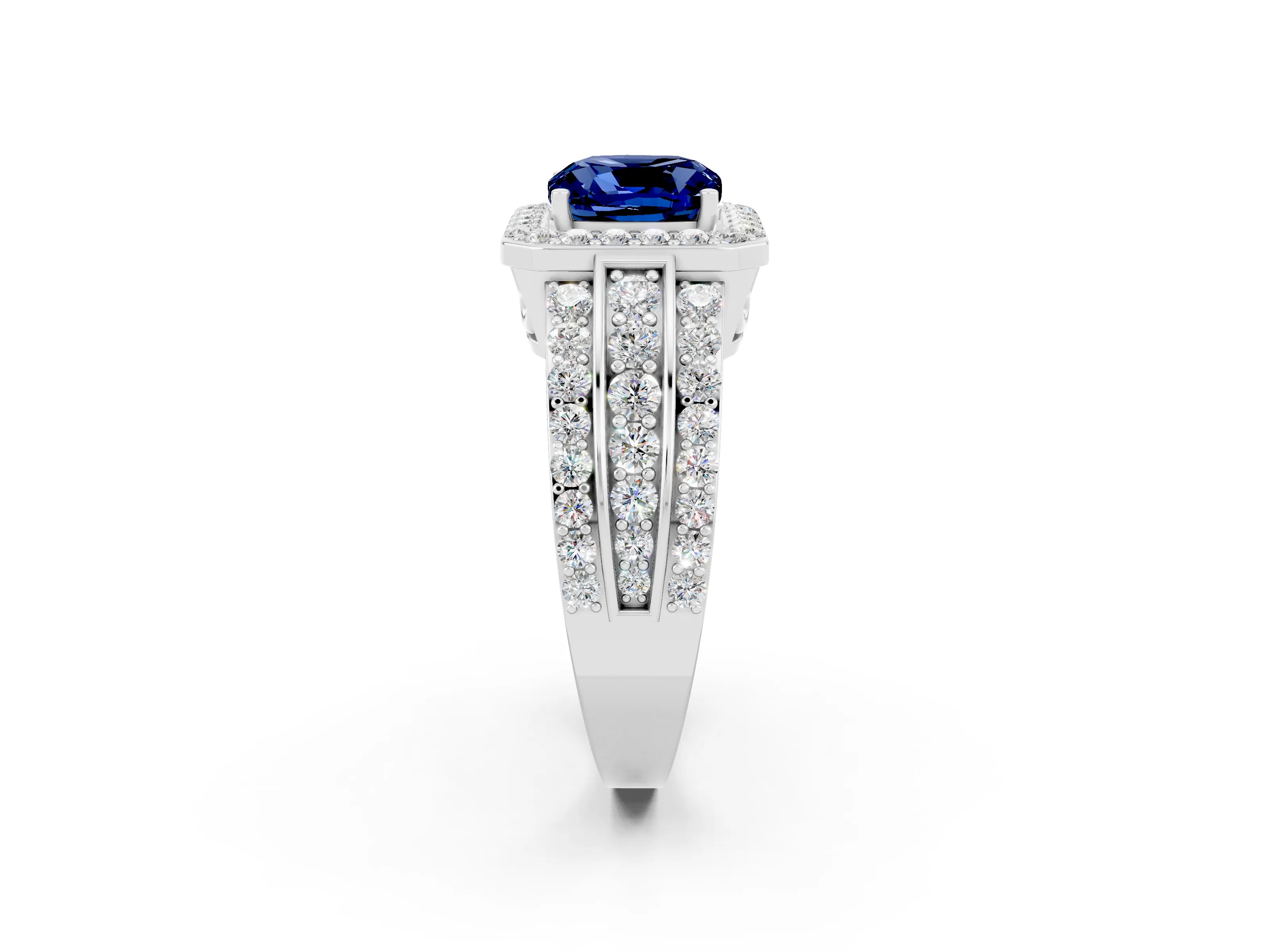 White gold Cushion Cut Halo Blue Sapphire Ring with Split Shank and Four-Prong Setting_2