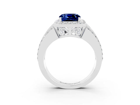 White gold Cushion Cut Halo Blue Sapphire Ring with Split Shank and Four-Prong Setting_3