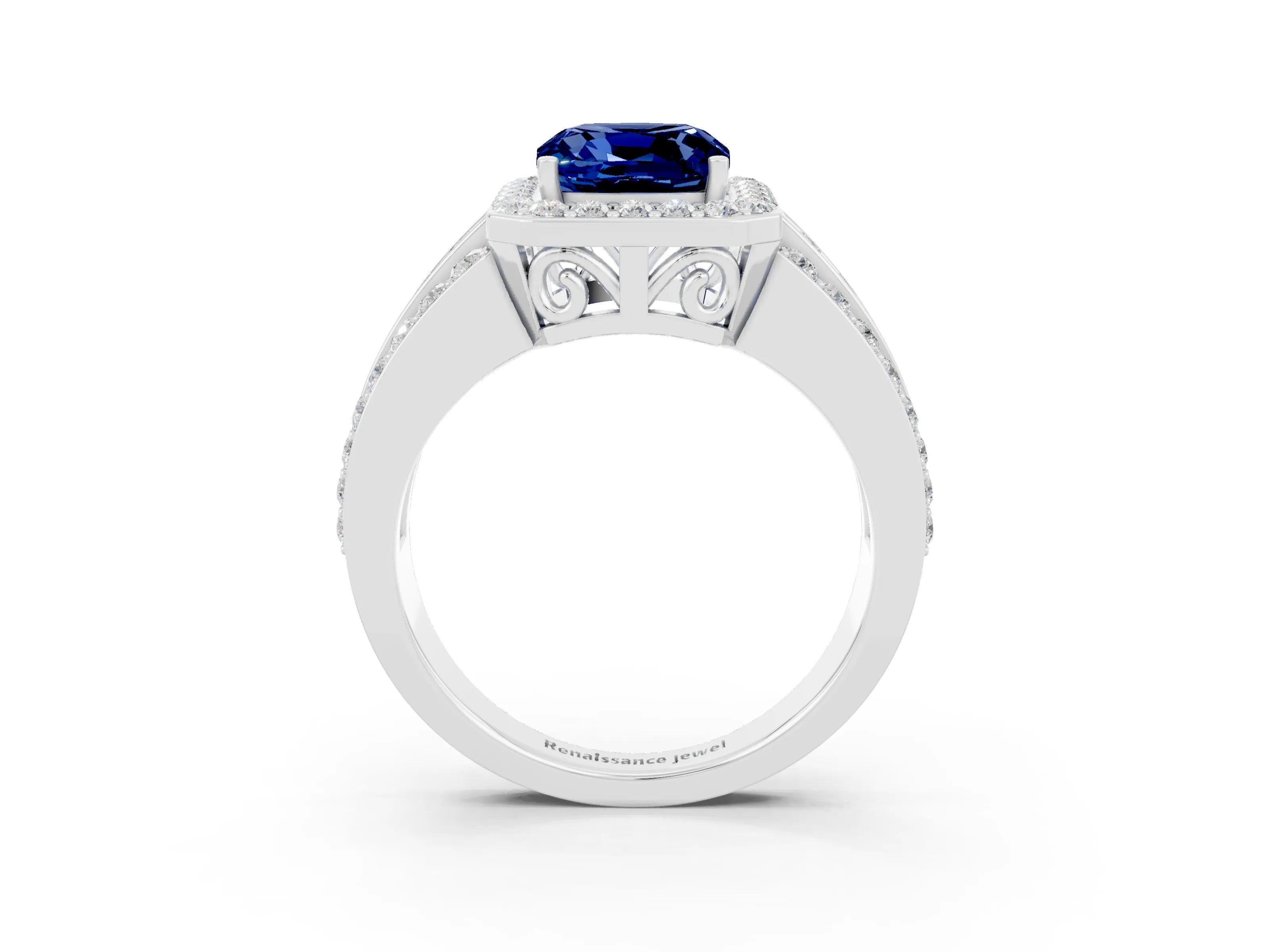White gold Cushion Cut Halo Blue Sapphire Ring with Split Shank and Four-Prong Setting_3