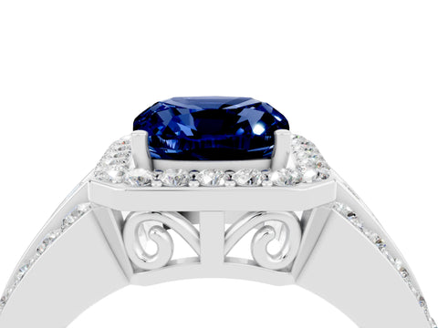 White gold Cushion Cut Halo Blue Sapphire Ring with Split Shank and Four-Prong Setting_4