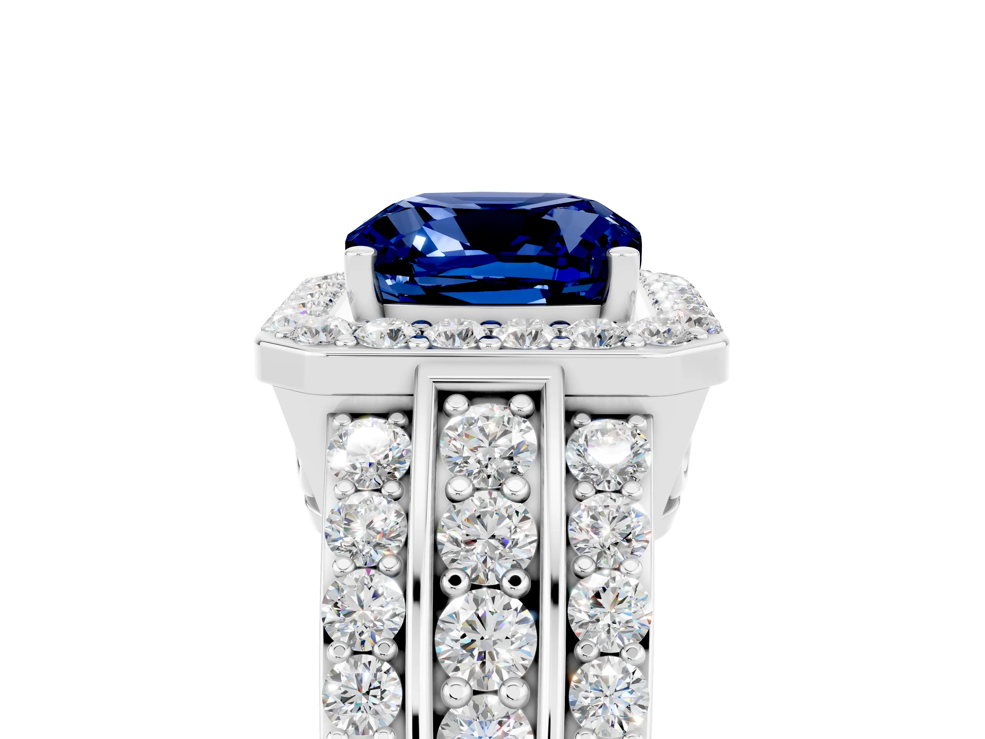 White gold Cushion Cut Halo Blue Sapphire Ring with Split Shank and Four-Prong Setting_5
