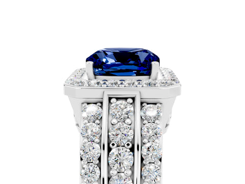 White gold Cushion Cut Halo Blue Sapphire Ring with Split Shank and Four-Prong Setting_5