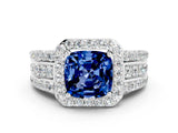 White gold Cushion Cut Halo Blue Sapphire Ring with Split Shank and Four-Prong Setting