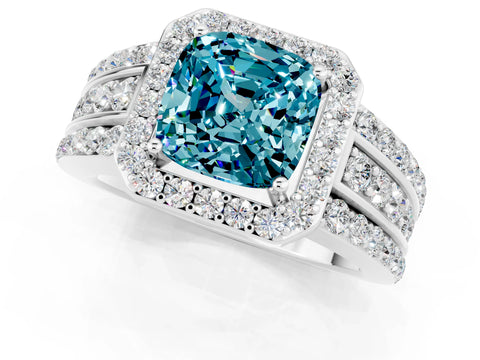 White gold Cushion Cut Halo Blue Topaz Ring with Split Shank and Four-Prong Setting_1