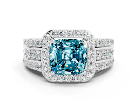 White gold Cushion Cut Halo Blue Topaz Ring with Split Shank and Four-Prong Setting
