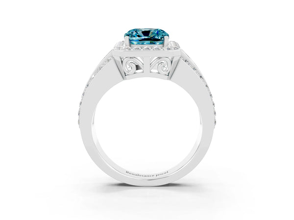 White gold Cushion Cut Halo Blue Topaz Ring with Round  Split Shank and Prong Setting