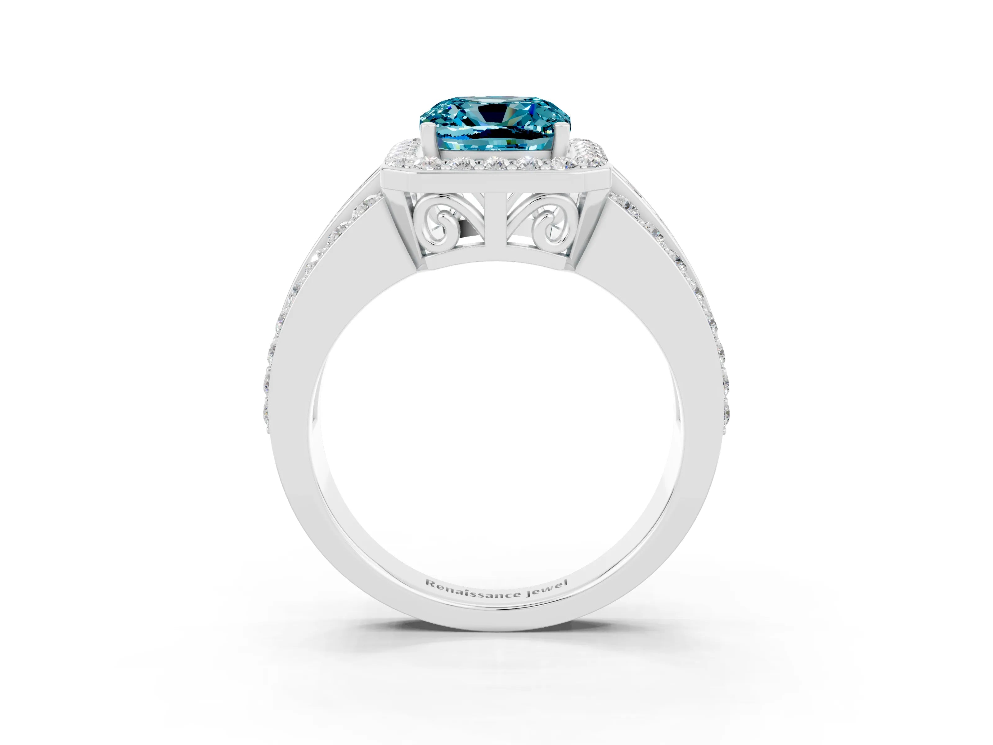 White gold Cushion Cut Halo Blue Topaz Ring with Split Shank and Four-Prong Setting_3