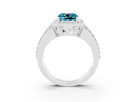 White gold Cushion Cut Halo Blue Topaz Ring with Split Shank and Four-Prong Setting_3