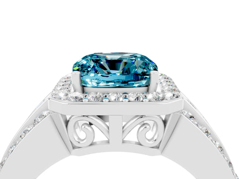 White gold Cushion Cut Halo Blue Topaz Ring with Split Shank and Four-Prong Setting_4