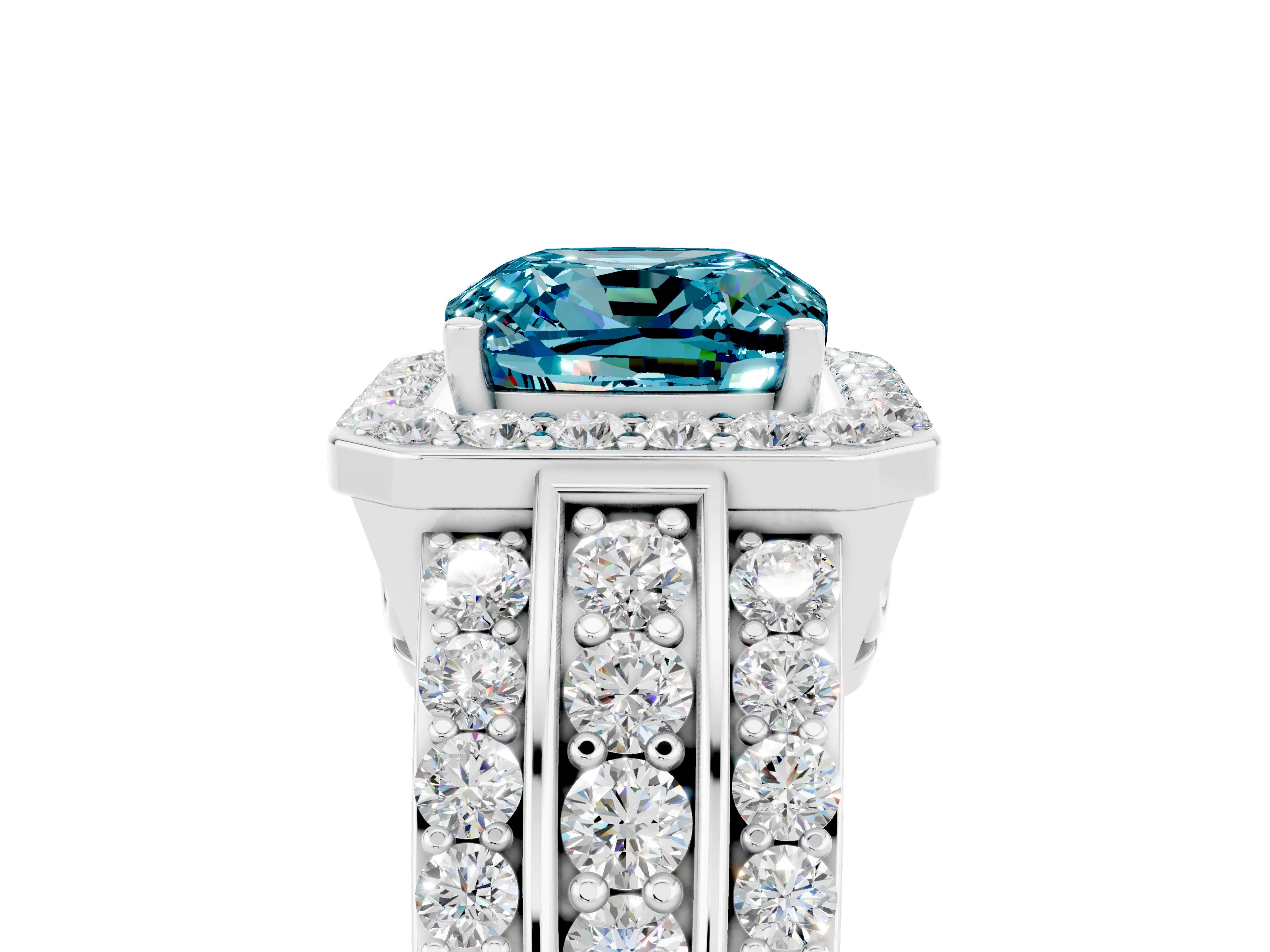 White gold Cushion Cut Halo Blue Topaz Ring with Split Shank and Four-Prong Setting_5