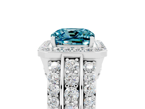 White gold Cushion Cut Halo Blue Topaz Ring with Split Shank and Four-Prong Setting_5