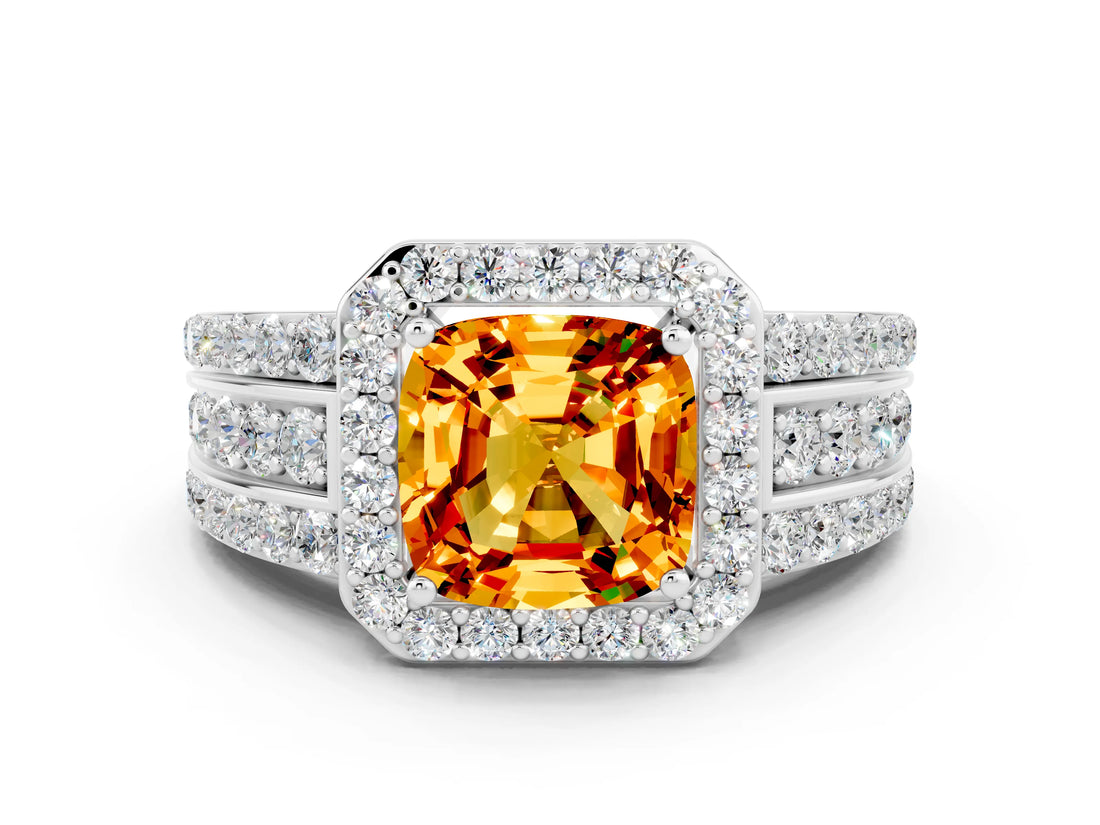 White gold Cushion Cut Halo Citrine Ring with Split Shank and Four-Prong Setting