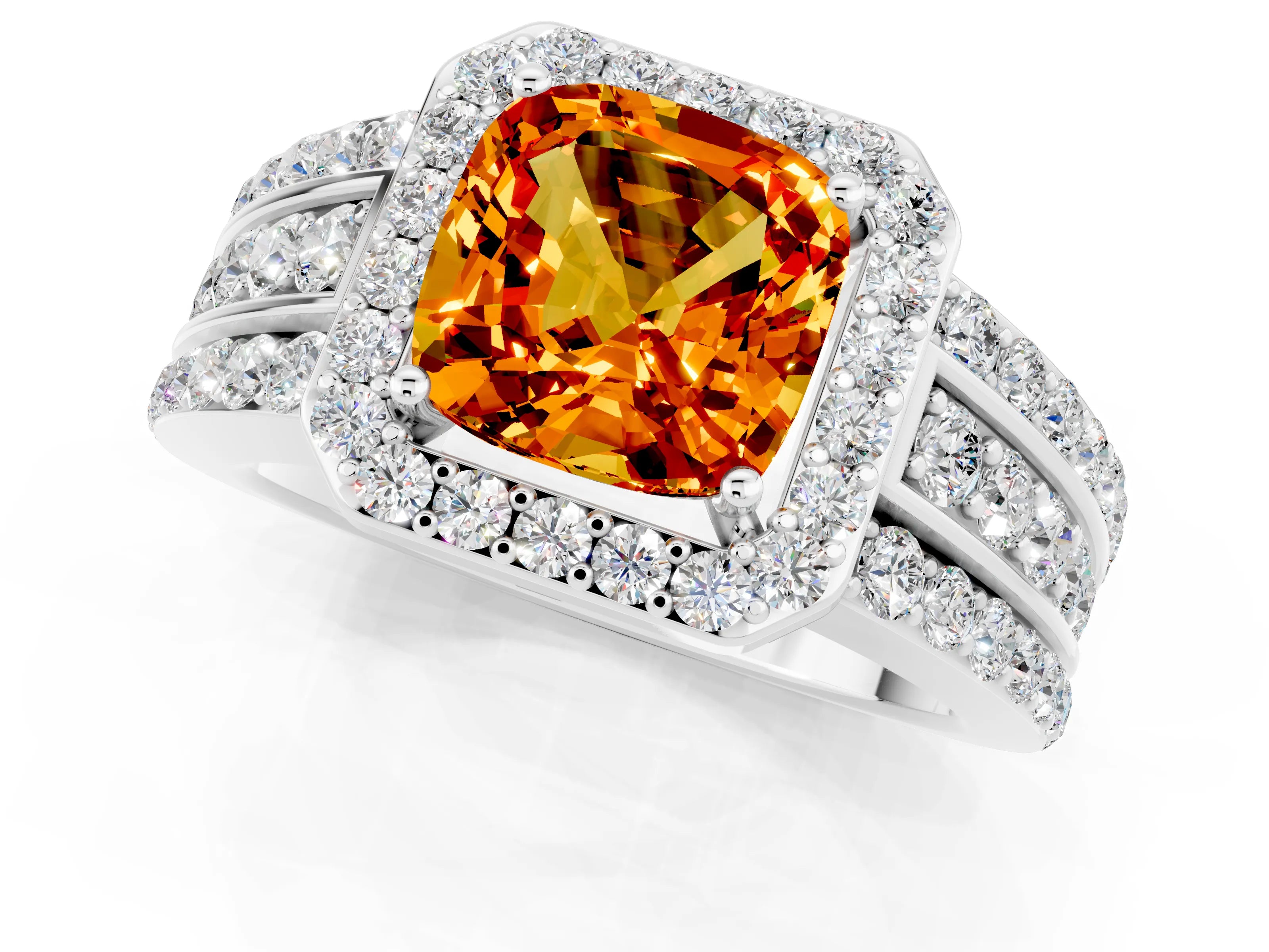 White gold Cushion Cut Halo Citrine Ring with Split Shank and Four-Prong Setting_1