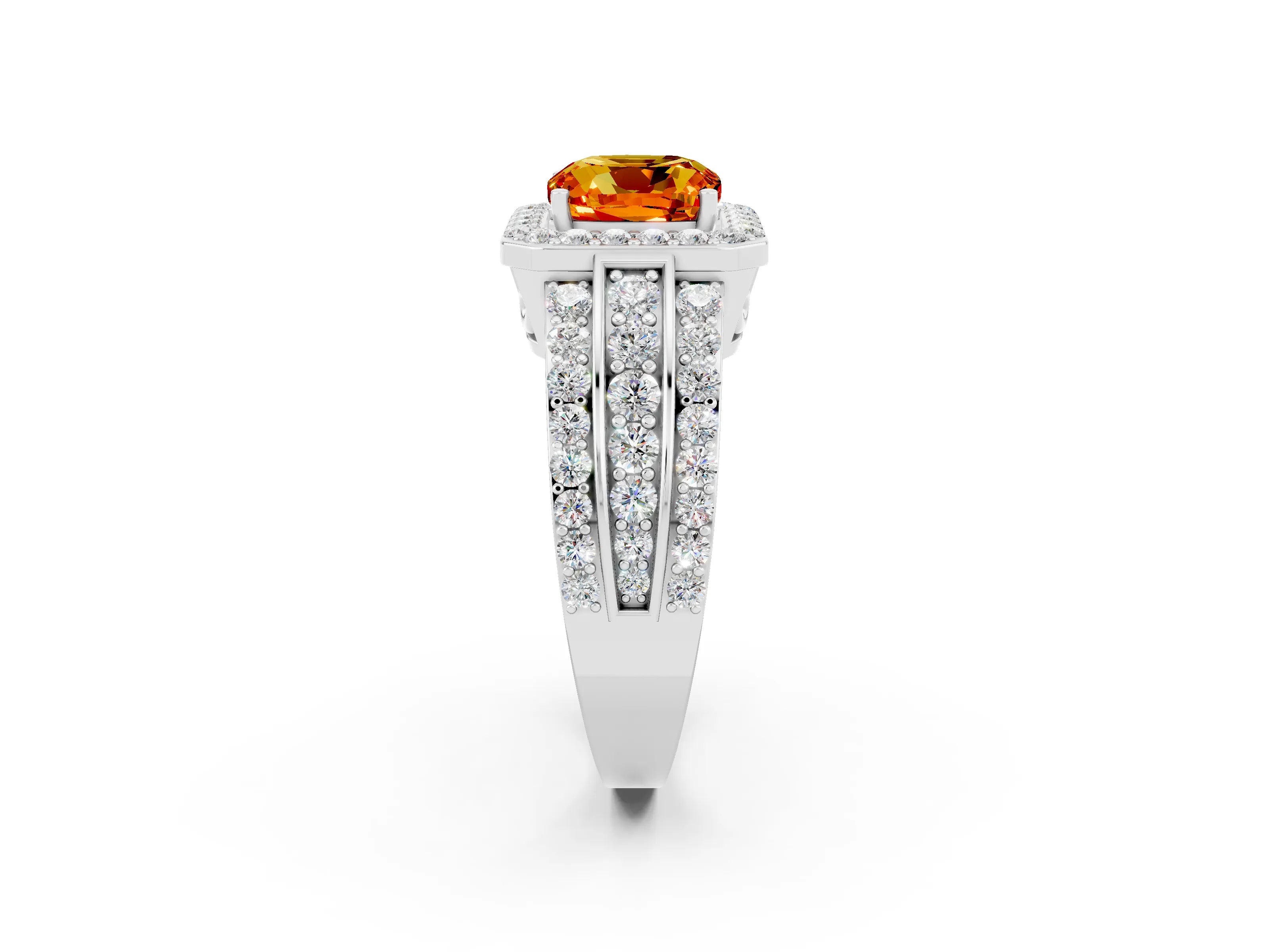 White gold Cushion Cut Halo Citrine Ring with Split Shank and Four-Prong Setting_2