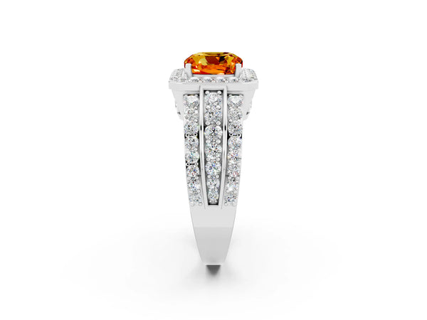 Silver Cushion Cut Halo Citrine Ring with Round  Split Shank and Prong Setting