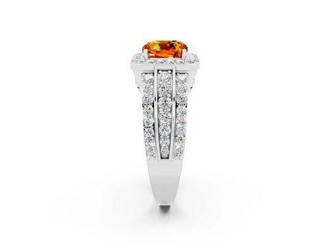 White gold Cushion Cut Halo Citrine Ring with Split Shank and Four-Prong Setting_2