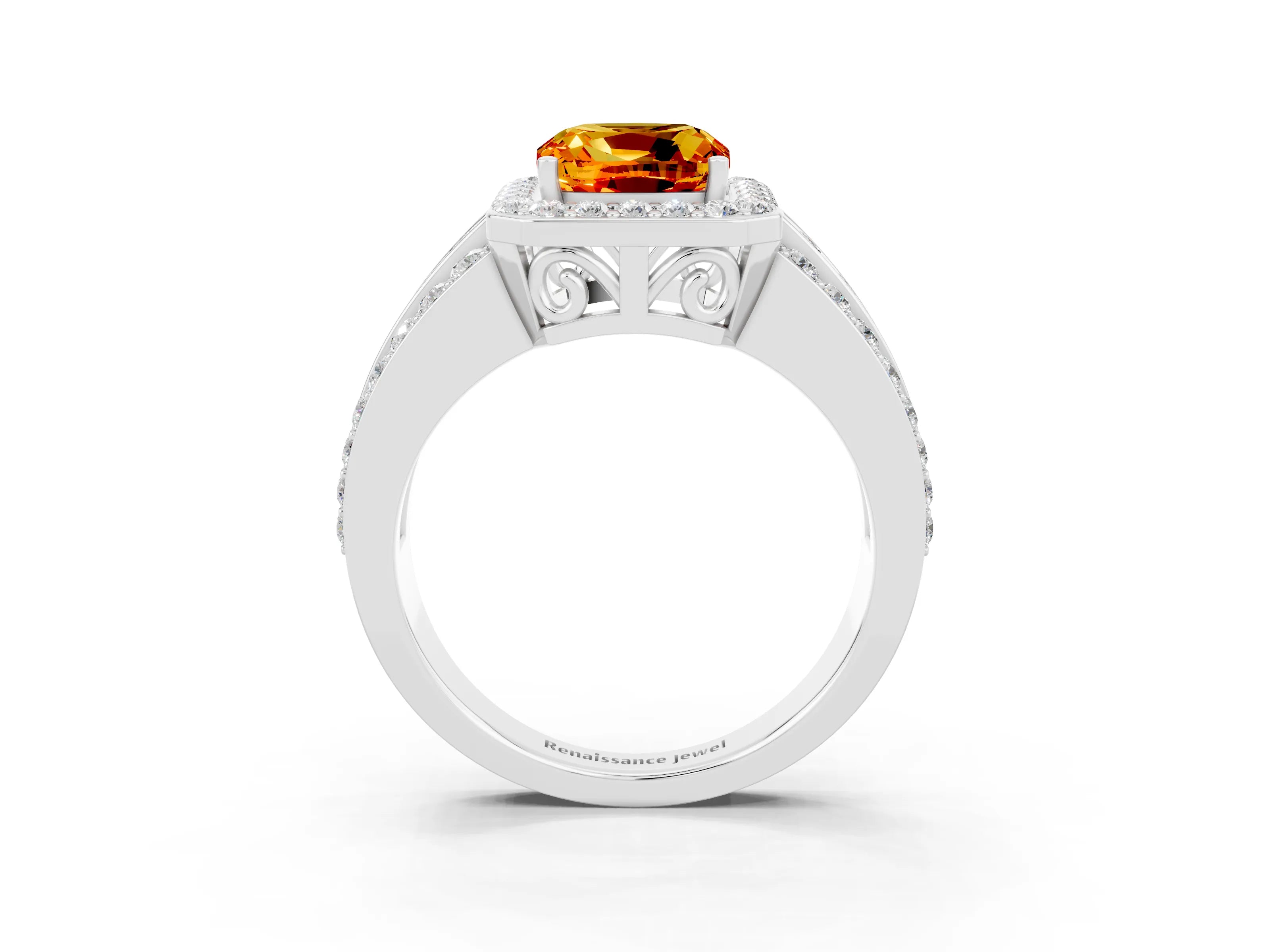 White gold Cushion Cut Halo Citrine Ring with Split Shank and Four-Prong Setting_3