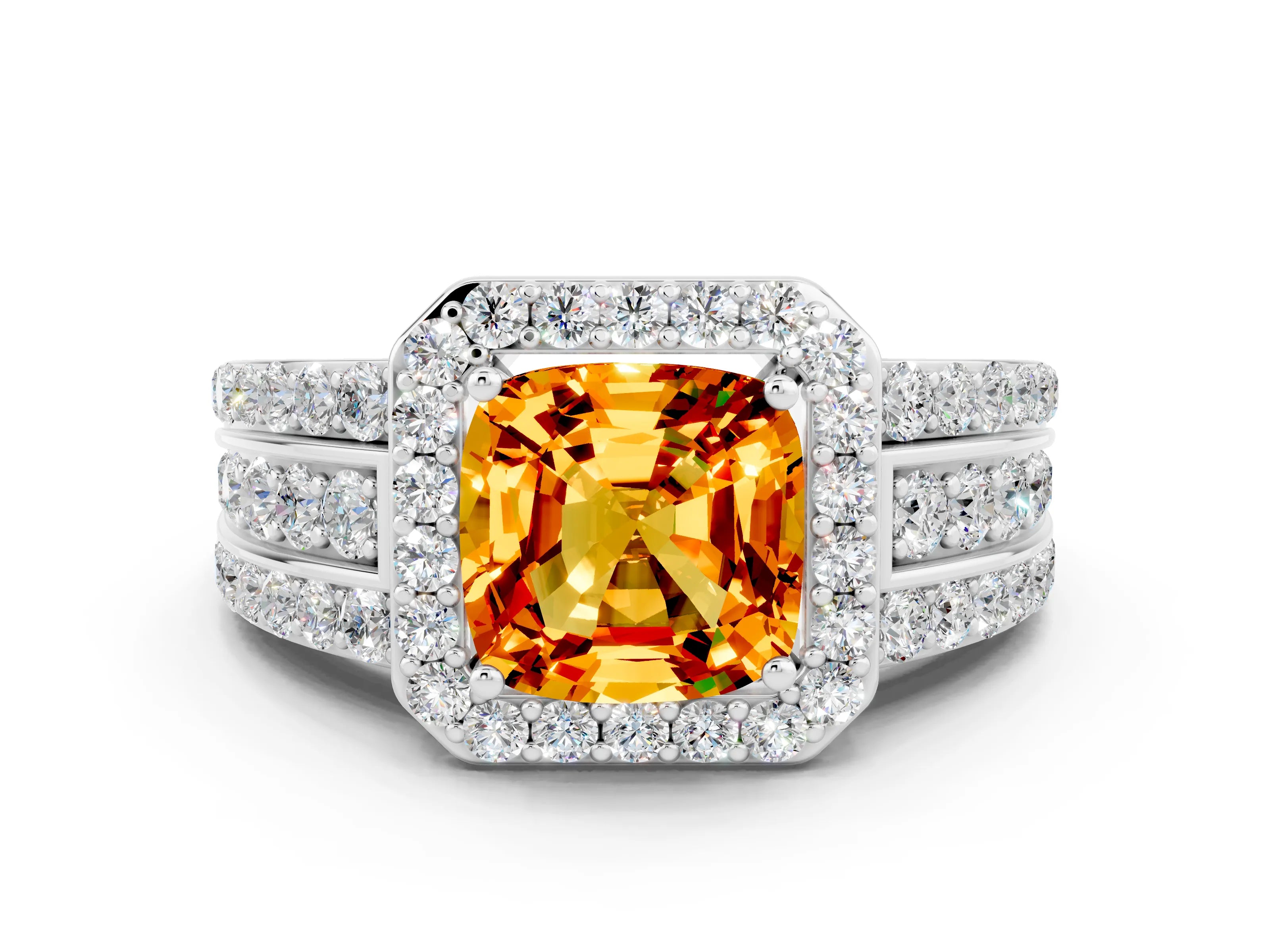 White gold Cushion Cut Halo Citrine Ring with Split Shank and Four-Prong Setting