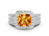 White gold Cushion Cut Halo Citrine Ring with Split Shank and Four-Prong Setting