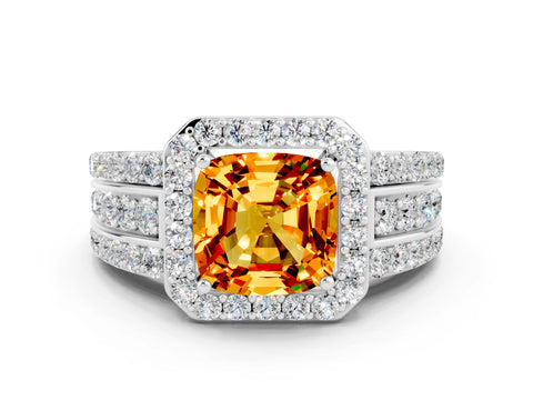 White gold Cushion Cut Halo Citrine Ring with Split Shank and Four-Prong Setting