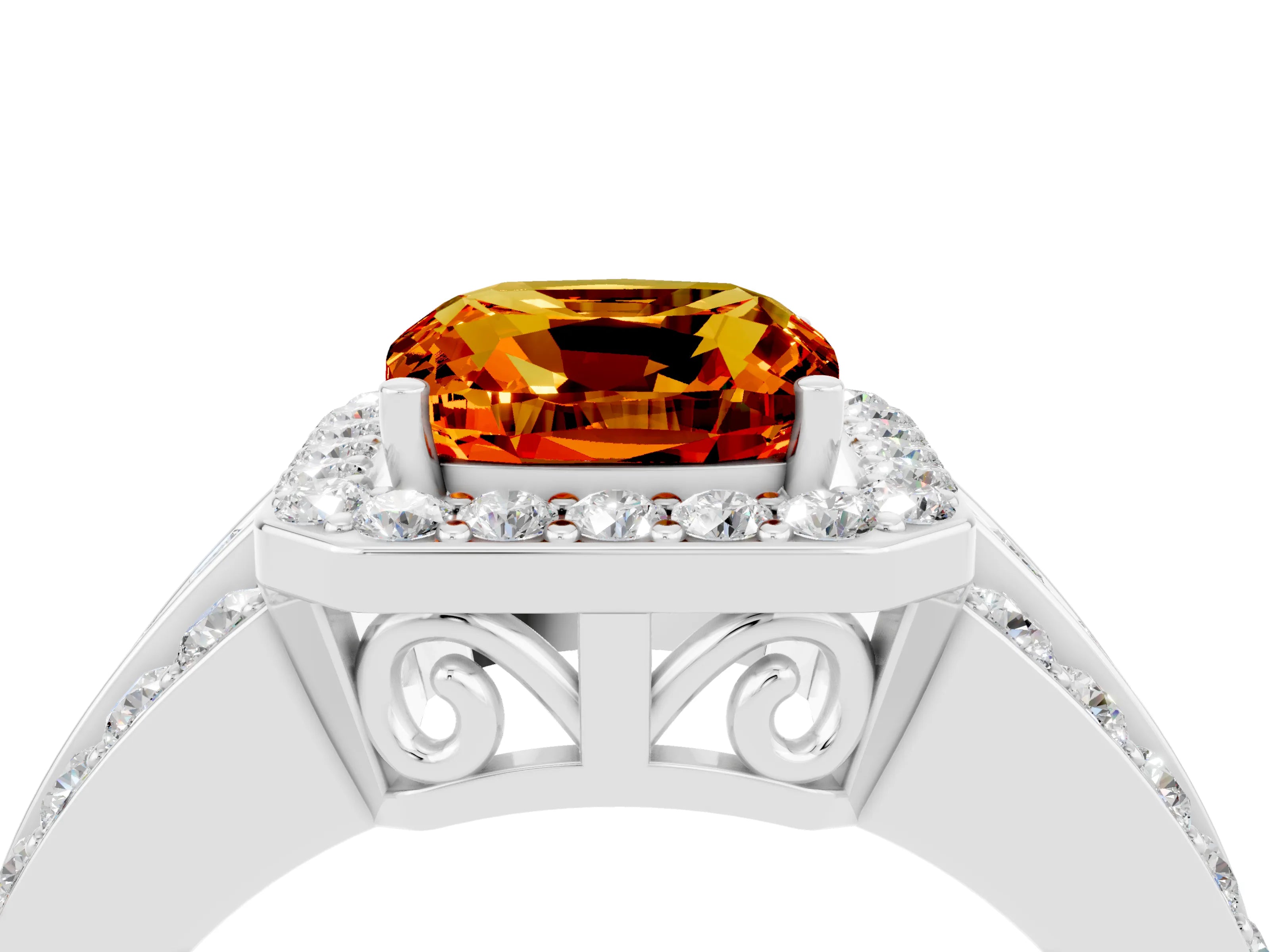White gold Cushion Cut Halo Citrine Ring with Split Shank and Four-Prong Setting_4