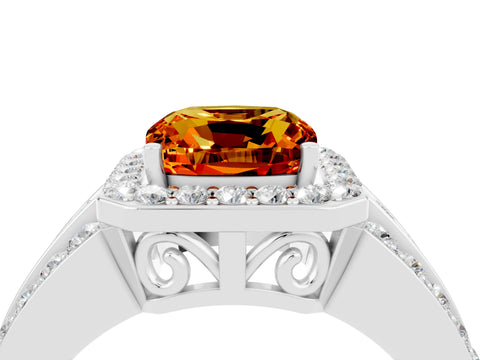 White gold Cushion Cut Halo Citrine Ring with Split Shank and Four-Prong Setting_4