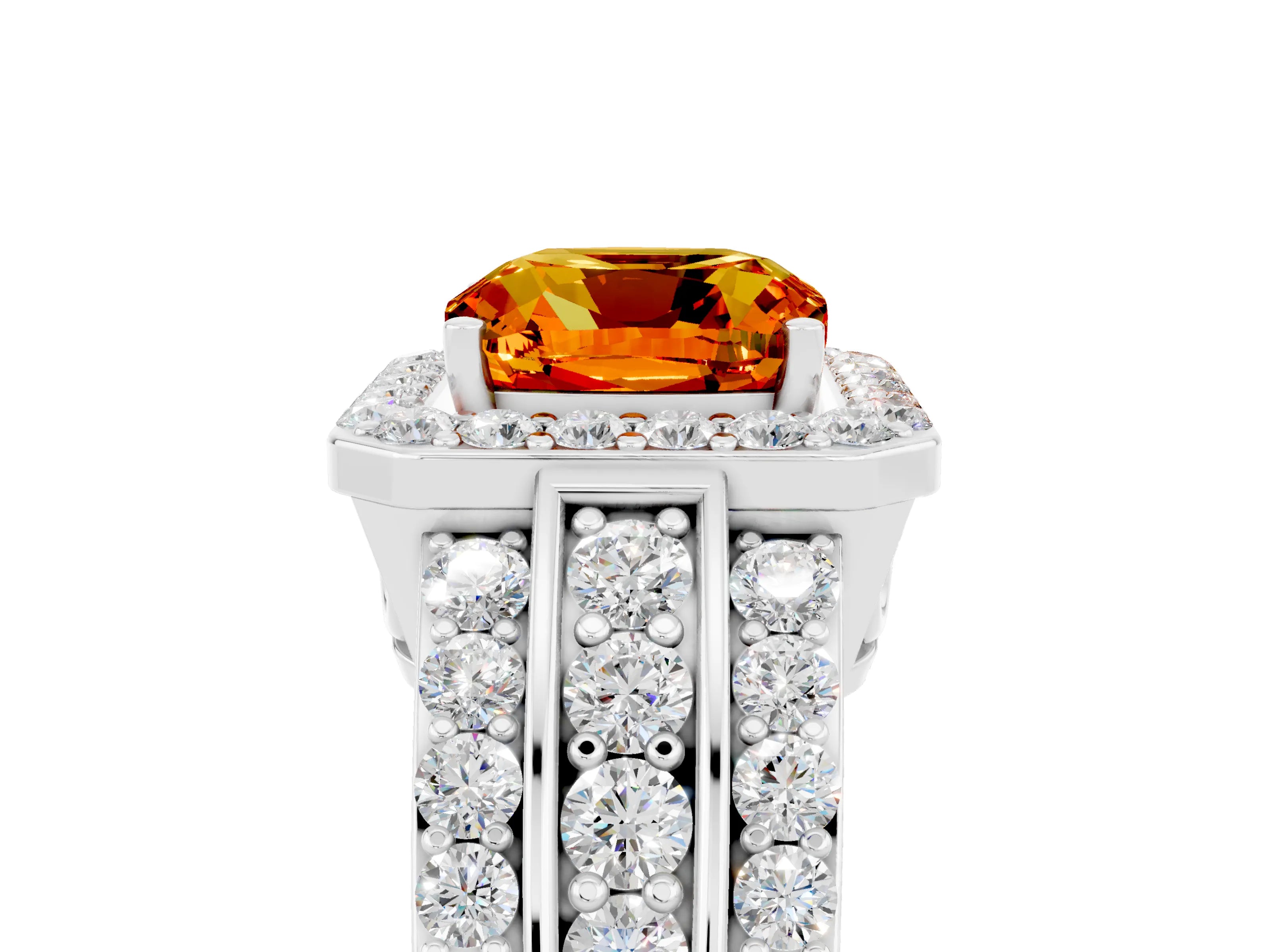 White gold Cushion Cut Halo Citrine Ring with Split Shank and Four-Prong Setting_5