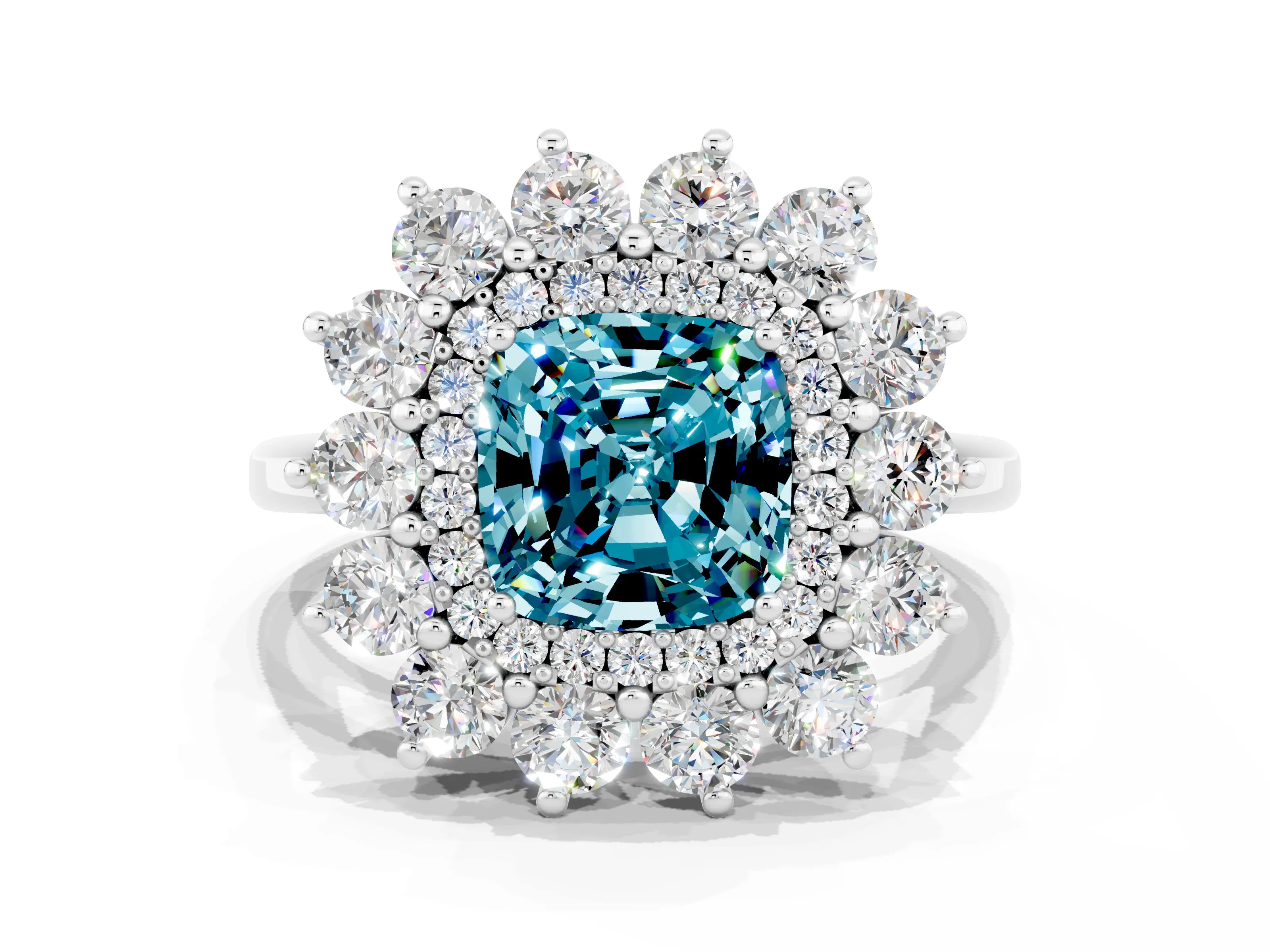 White gold Cushion Cut Halo Cluster Diamond Ring with Pave Band and Four-Prong Setting
