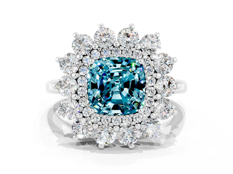 White gold Cushion Cut Halo Cluster Diamond Ring with Pave Band and Four-Prong Setting