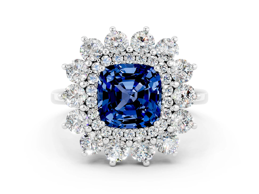 White gold Cushion Cut Halo Cluster Diamond Ring with Pave Band and Four-Prong Setting_12