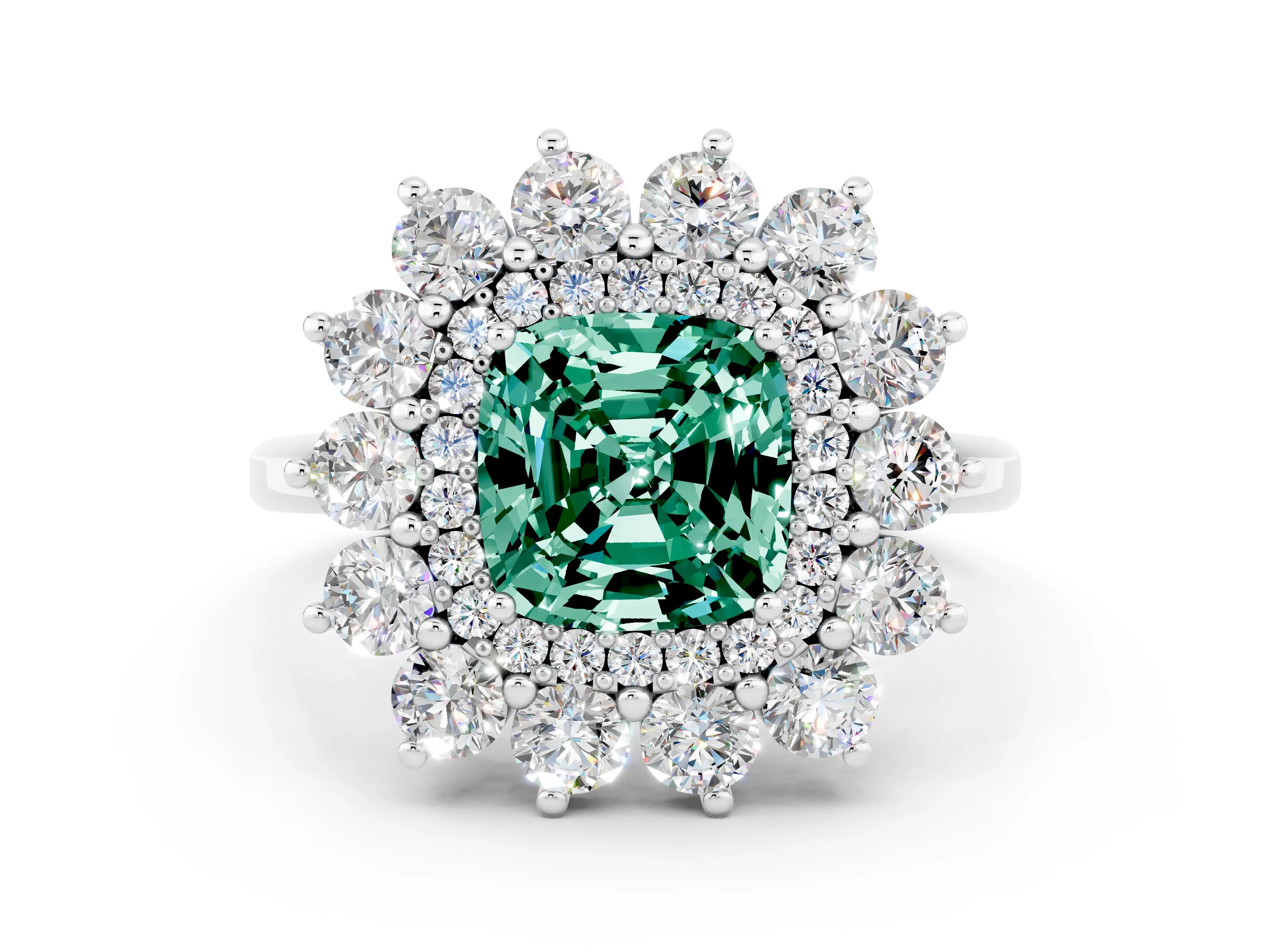 White gold Cushion Cut Halo Cluster Diamond Ring with Pave Band and Four-Prong Setting_12