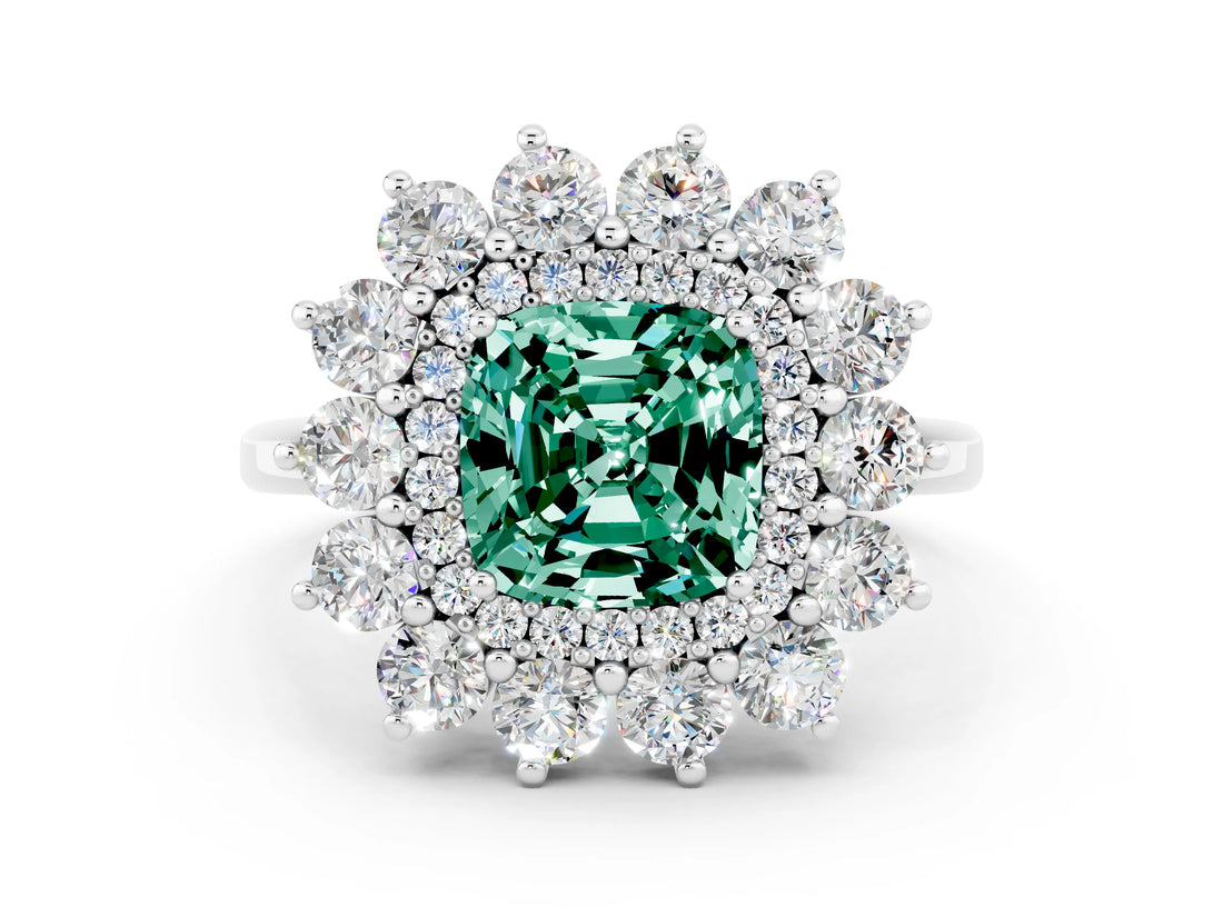 White gold Cushion Cut Halo Cluster Diamond Ring with Pave Band and Four-Prong Setting_12