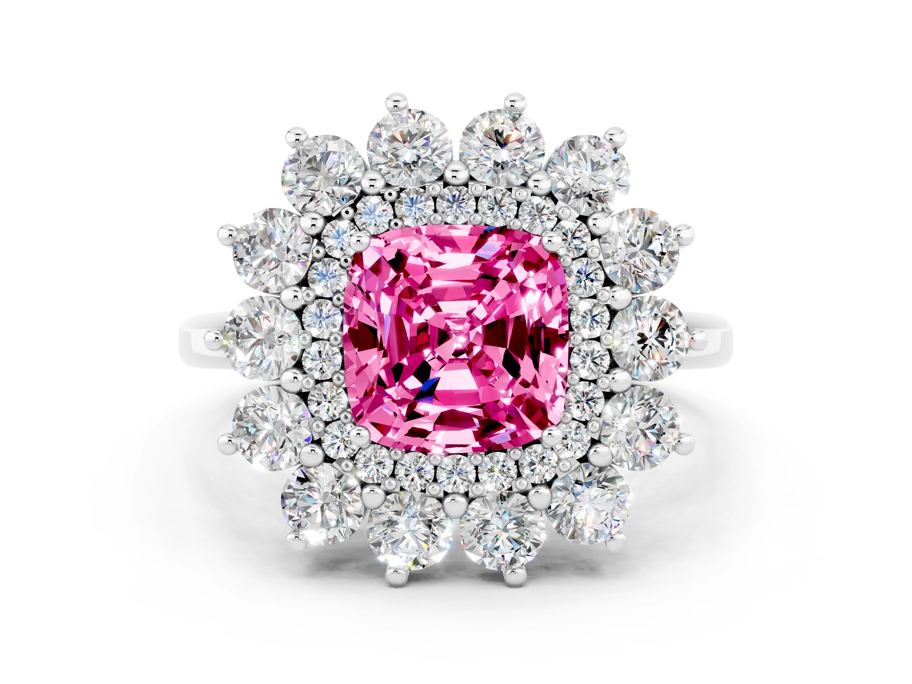 White gold Cushion Cut Halo Cluster Diamond Ring with Pave Band and Four-Prong Setting_12