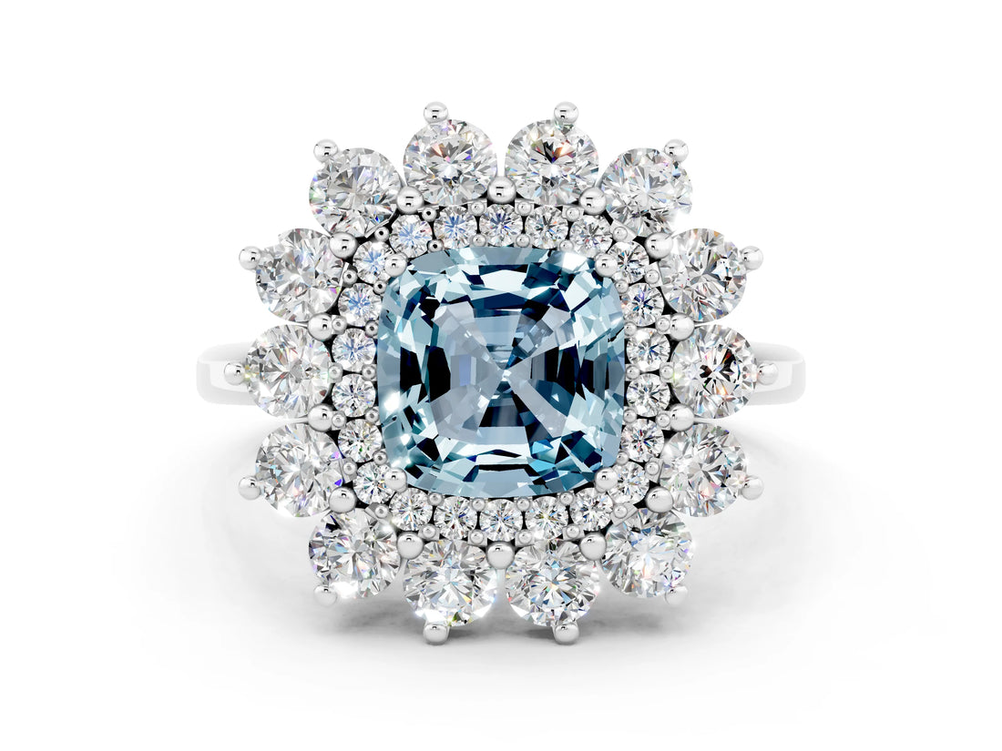 White gold Cushion Cut Halo Cluster Diamond Ring with Pave Band and Four-Prong Setting_12