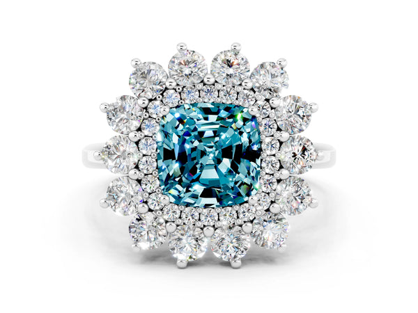 Silver Cushion Cut Blue Topaz Floral Double Halo Engagement Ring with Prong Setting