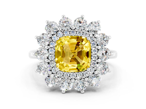 Silver Cushion Cut Yellow Sapphire Floral Double Halo Engagement Ring with Prong Setting