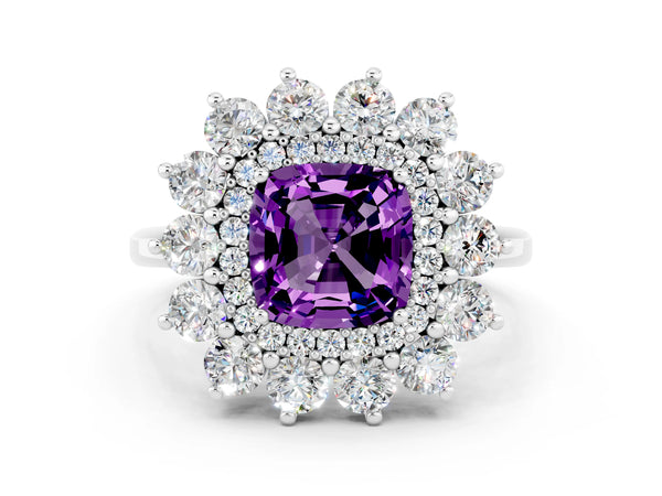 White gold Cushion Cut Amethyst Floral Double Halo Engagement Ring with Prong Setting