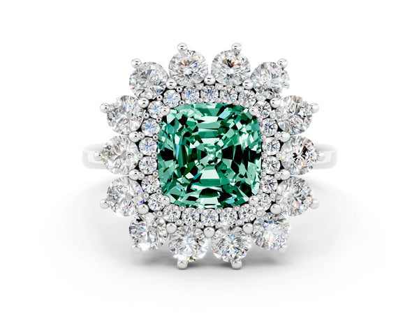 White gold Cushion Cut Green Sapphire Floral Double Halo Engagement Ring with Prong Setting