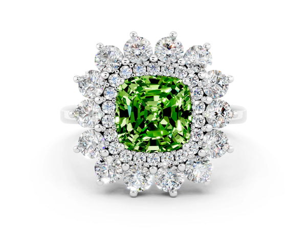 Platinum Cushion Cut Peridot Floral Double Halo Engagement Ring with Prong Setting