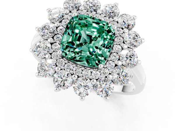 Platinum Cushion Cut Halo Cluster Diamond Ring with Pave Band and Four-Prong Setting