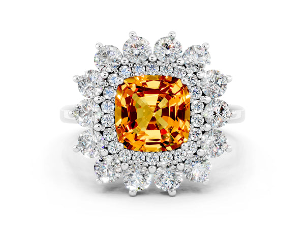 White gold Cushion Cut Citrine Floral Double Halo Engagement Ring with Prong Setting
