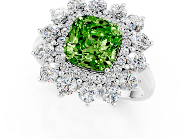 White gold Cushion Cut Peridot Floral Double Halo Engagement Ring with Prong Setting