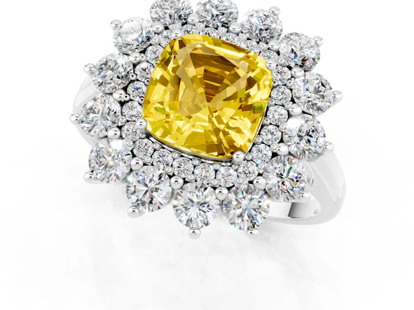 Platinum Cushion Cut Yellow Sapphire Floral Double Halo Engagement Ring with Prong Setting