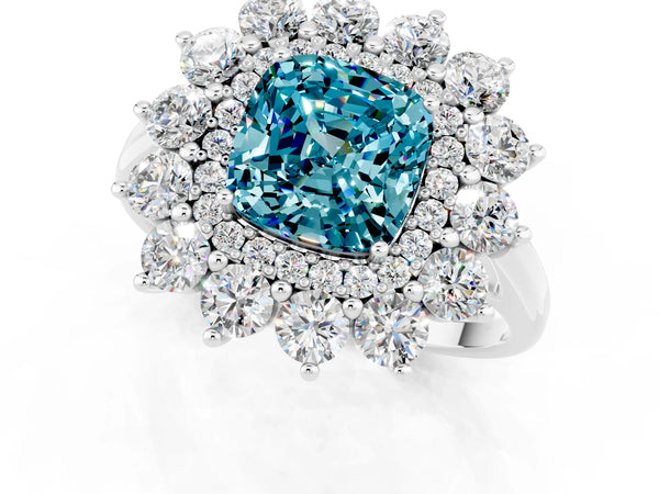 Silver Cushion Cut Blue Topaz Floral Double Halo Engagement Ring with Prong Setting