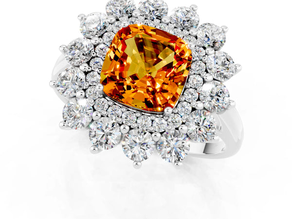 Platinum Cushion Cut Citrine Floral Double Halo Engagement Ring with Prong Setting