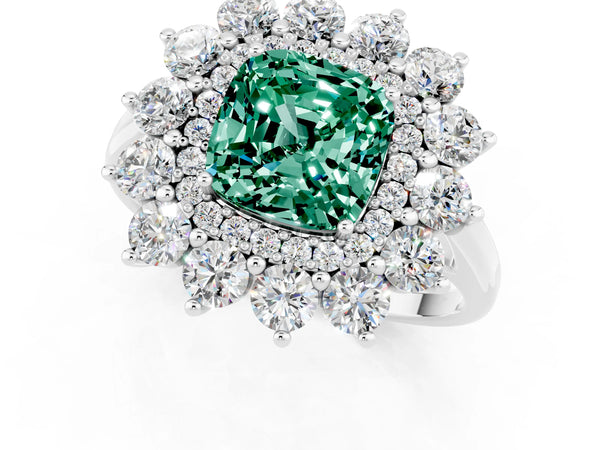 Platinum Cushion Cut Green Sapphire Floral Double Halo Engagement Ring with Prong Setting