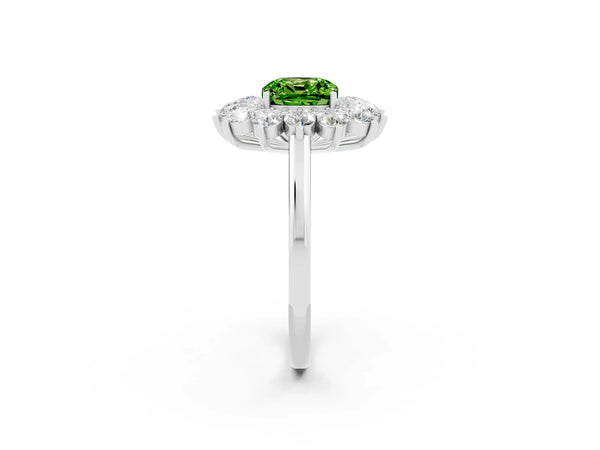 White gold Cushion Cut Peridot Floral Double Halo Engagement Ring with Prong Setting